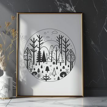 A detailed illustration of a forest landscape with various tree species.