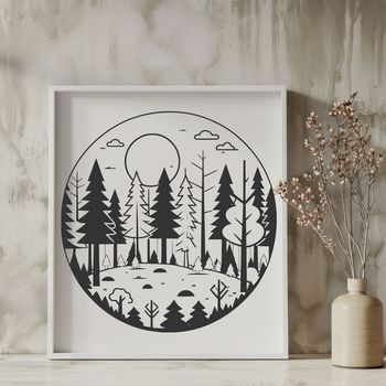 A detailed illustration of a forest with multiple trees and foliage, suitable for vector art and cutting machine designs.