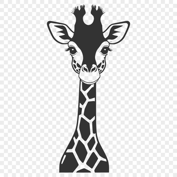 A close-up illustration of a giraffe's head with distinctive spots and long neck.