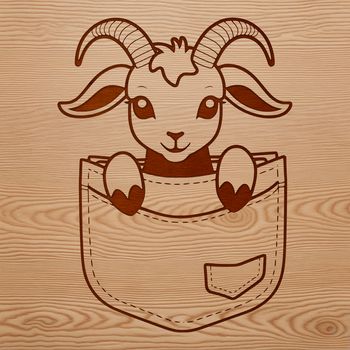 A playful goat peeking out from behind a fence post on a farm.