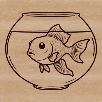 A small goldfish swimming in a clear fish bowl on a white background.