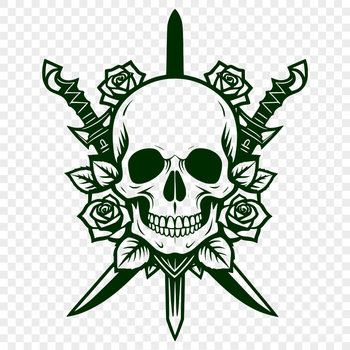A stylized illustration of a skull with a rose and dagger, suitable for various design projects.