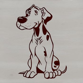 A large breed dog sitting on the floor, with a calm expression.