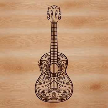 A detailed illustration of an ornate guitar with intricate carvings.
