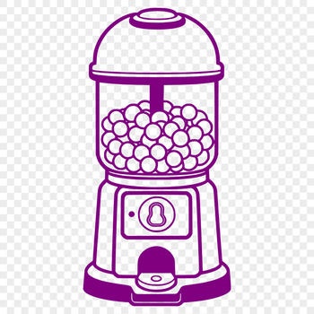 A vector illustration of a classic gumball machine with colorful balls dispensed through a chute.