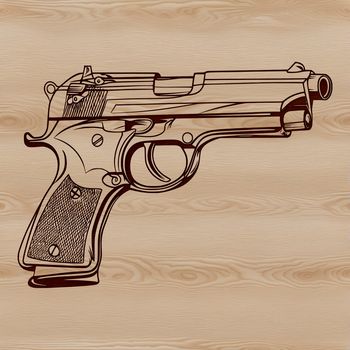 A detailed illustration of a handgun with various technical features.