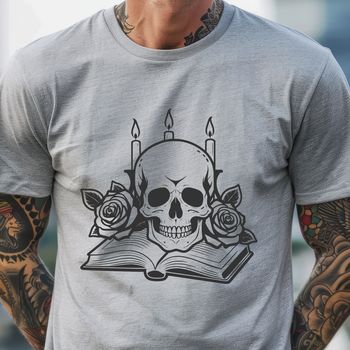 A gothic-themed skull surrounded by a rose with a candle in the background, presented as vector art.