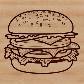 A graphic illustration of a classic hamburger with bun, patty, lettuce, cheese, and tomato.