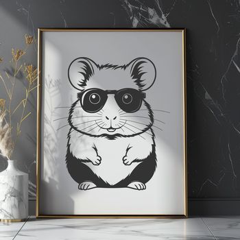 A cartoon hamster character wearing trendy sunglasses on its head.