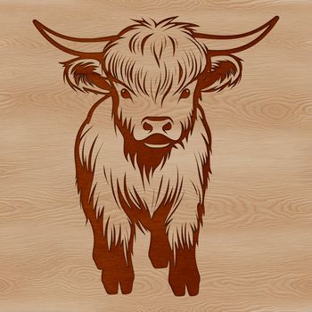A standing Highland Cow in a rural landscape, depicted as a vector illustration.