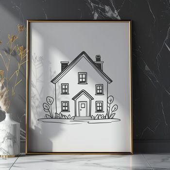 Simple house illustration with clean lines and basic architecture details.