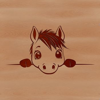A simplified illustration of a horse with its head peeking out from behind a decorative wall or fence.