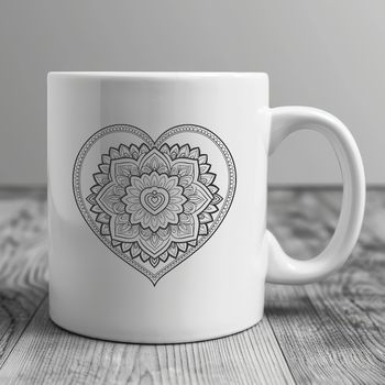 A detailed mandala design in the shape of a heart, created with intricate patterns and symbols.