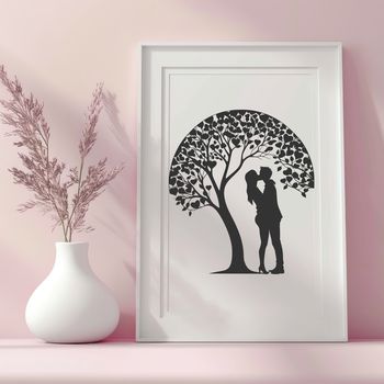 A stylized illustration of a tree with two intertwined branches forming a heart shape, representing lovers.