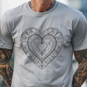 A colorful mandala design featuring a stylized heart shape, created using vector graphics.