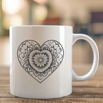 A intricately designed mandala heart shape with symmetrical patterns and lines, suitable for vector graphic design.