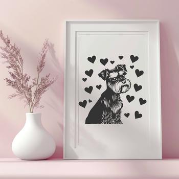 A close-up vector illustration of a Miniature Schnauzer's head with heart-shaped accents.