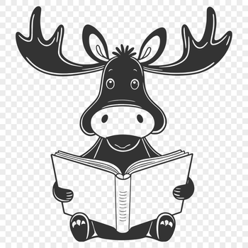 A large North American moose stands in a forest clearing, reading a book.