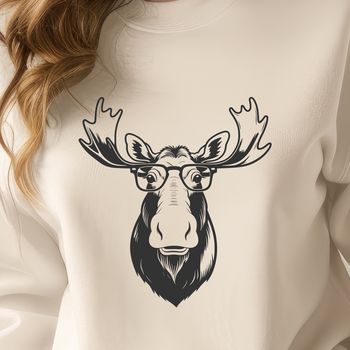 A wildlife depiction of a moose wearing glasses in a whimsical illustration.