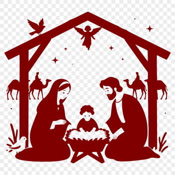 A traditional nativity scene featuring Mary, Joseph, and the baby Jesus in a tranquil winter setting.