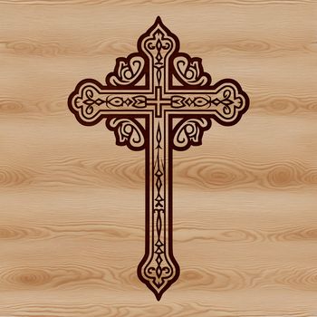 A detailed, ornate illustration of a Christian cross with intricate design.