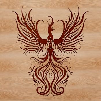 A stylized illustration of a mythical phoenix with fiery plumage and outstretched wings.