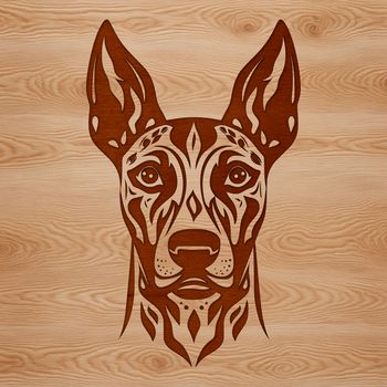 A detailed illustration of a Doberman Pinscher's head with an ornate design.