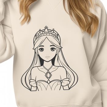 A young girl dressed as a princess in a traditional fairy tale setting.