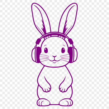 A cartoon rabbit sitting on its haunches with headphones around its neck.