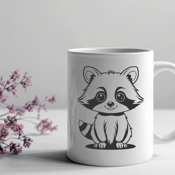 A vector illustration of a raccoon in black and white line art style.