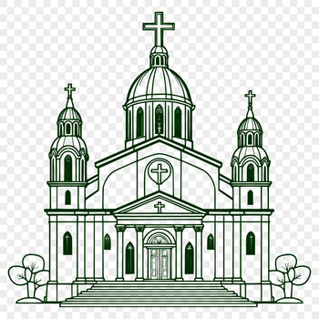 A detailed architectural illustration of a traditional Catholic church with a tall steeple and stained glass windows.