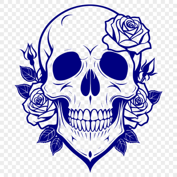 A stylized, ornate Gothic-style skull surrounded by foliage, ideal for Halloween decorations or designs.