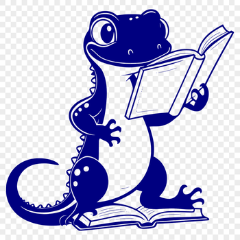 A green salamander sitting on a stack of books, reading a large book in its hands.