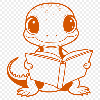 An illustration of a salamander sitting on a stack of books, surrounded by reading materials.