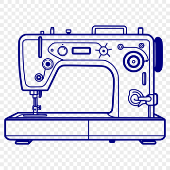 A detailed illustration of a sewing machine with moving parts and textile threads.