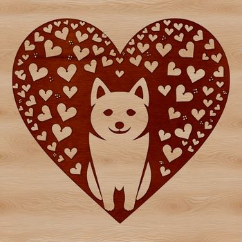 A stylized illustration of a Shiba Inu sitting, surrounded by heart symbols.