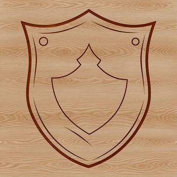A stylized illustration of a medieval-style shield with a bold design.