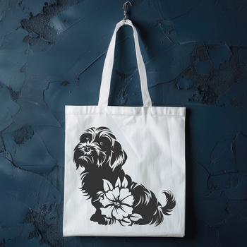 A stylized illustration of a sitting Shih Tzu dog breed with floral patterns.