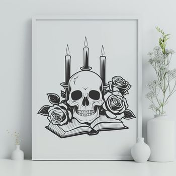 A stylized illustration of a skull surrounded by a rose and candle, suitable for Halloween decorations or designs.