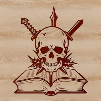 A detailed illustration of a skull with a dagger through the forehead, surrounded by intricate details.