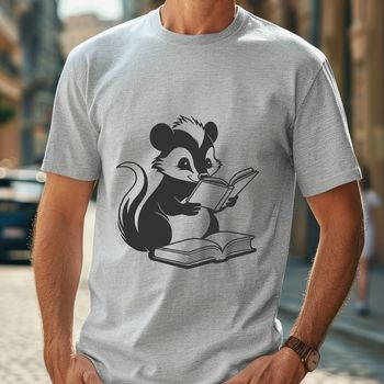 A skunk is sitting on its haunches, holding an open book with one paw, appearing to read.