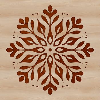 A delicate six-pointed snowflake design made up of intricate patterns and shapes.