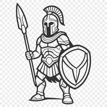 A stylized illustration of a Spartan warrior in ancient Greek attire.