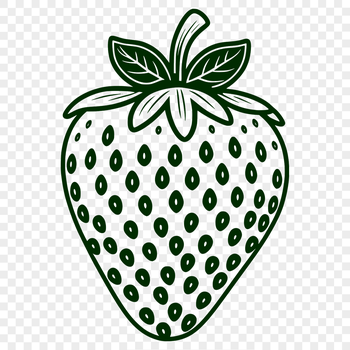 A stylized illustration of a ripe red strawberry with green leaves and stem.