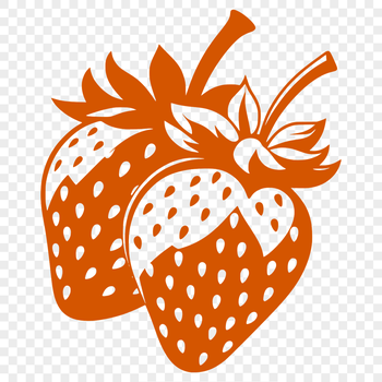 A digital illustration of a ripe red strawberry with green leaves.