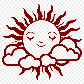 An illustration of the sun with rays and clouds in the background.
