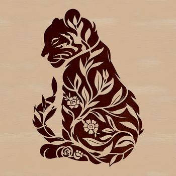 A sitting tiger with a wild animal profile, set against a simple background.