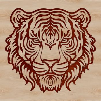 A detailed illustration of a tiger's head with ornate patterns and texture.