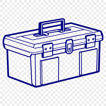 An SVG design representation of a traditional toolbox filled with hardware and hand tools.