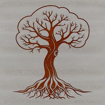 An intricately designed vector graphic of a single tree with textured bark and leaves.